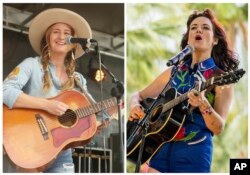 In this combination photo, Margo Price, left, performs at the South by Southwest Music Festival, March 18, 2017, in Austin, Texas and Nikki Lane performs at the 2015 Stagecoach Festival, April 25, 2015, in Indio, California.