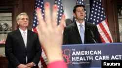 FILE - Speaker of the House Paul Ryan and House Majority Leader Kevin McCarthy answer questions about the American Health Care Act, the Republican replacement to Obamacare, at the Republican National Committee in Washington, March 8, 2017. 