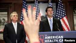 FILE - Speaker of the House Paul Ryan and House Majority Leader Kevin McCarthy answer questions about the American Health Care Act, the Republican replacement to Obamacare, at the Republican National Committee in Washington, March 8, 2017. 