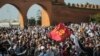 Protesters wave a flag commemorating the Feb. 20 Moroccan Arab Spring movement, during a demonstration in Rabat, Morocco, Feb. 20, 2019.