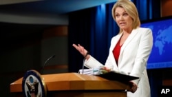 FILE - State Department spokeswoman Heather Nauert speaks during a briefing at the State Department in Washington, Aug. 9, 2017.