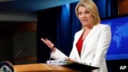 FILE - State Department spokeswoman Heather Nauert speaks during a briefing at the State Department in Washington, Aug. 9, 2017.