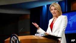 FILE - State Department spokeswoman Heather Nauert speaks during a briefing at the department in Washington, Aug. 9, 2017.