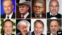 De gauche à droite, en haut, Bill O'Reilly, Roy Moore, Al Franken, Matt Lauer, puis en bas, Kevin Spacey, James Levine, Charlie Rose et Harvey Weinstein, tous accusés de harcèlement sexuel.