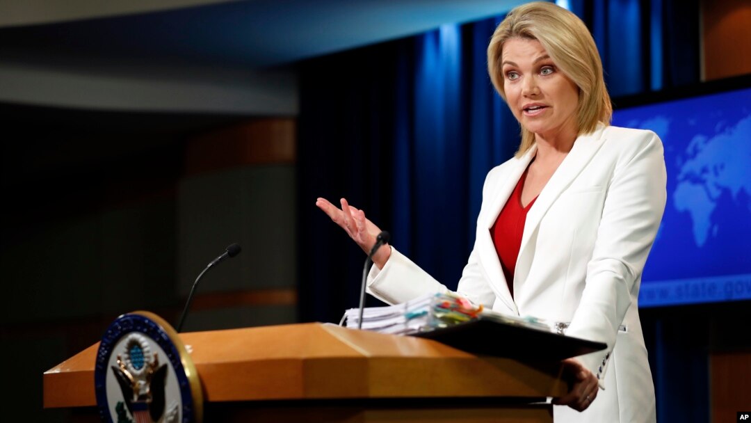 Juru bicara Deplu AS, Heather Nauert memberikan penjelasan kepada wartawan di Washington DC (foto: dok). 