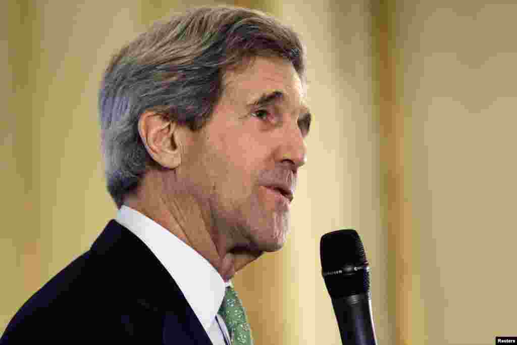 U.S. Secretary of State John Kerry speaks to members of the U.S. Embassy in Paris February 27, 2013