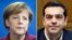 FILE - German Chancellor Angela Merkel (L) attends a press conference in Berlin, March 27, 2014 and Greek Prime Minister Alexis Tsipras (R) attends his first cabinet meeting as prime minister, Jan. 28, 2015 in Athens.