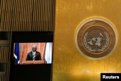 FILE - Solomon Islands' Prime Minister Manasseh Sogavare remotely addresses the 76th Session of the U.N. General Assembly by pre-recorded video in New York City, U.S., September 25, 2021. (REUTERS/Eduardo Munoz/Pool)