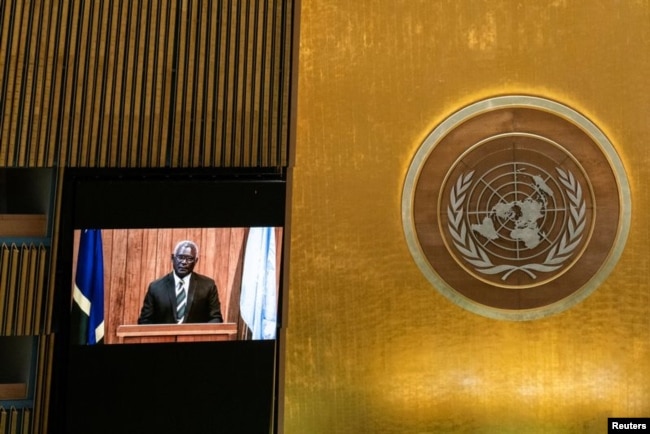 FILE - Solomon Islands' Prime Minister Manasseh Sogavare remotely addresses the 76th Session of the U.N. General Assembly by pre-recorded video in New York City, U.S., September 25, 2021. (REUTERS/Eduardo Munoz/Pool)