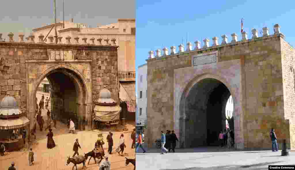 Legacy of European colonialism: Bab El Bhar, formerly called the French Gate, Tunis, Tunisia, built by French in 1848 (L) Color photochrome print,1899. Creative Commons. (R) Creative Commons/Dacoslett.