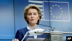 European Commission President Ursula von der Leyen speaks during a media conference after an EU summit, in video conference format, at the European Council in Brussels, June 19, 2020.