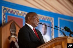 South African President Cyril Ramaphosa delivers his eulogy during the memorial service for Zulu King Goodwill Zwelithini in Nongoma, South Africa, March 18, 2021.