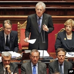 Italian Prime Minister Mario Monti reads his speech during a vote of confidence at the Senate in Rome, November 17, 2011