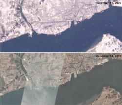 북한 남포 항을 비교한 위성사진. 2020년 12월17일자 위성사진(위)에 많은 선박들이 촬영된 반면 2019년 12월18일자 위성사진에는 적은 수의 선박이 보인다. 자료=Planet Labs