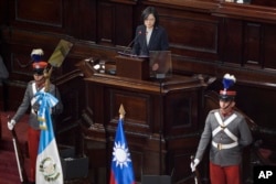 Taiwan's President Tsai Ing-wen delivers a speech to Guatemala's Congress in Guatemala City, Jan. 12, 2017.