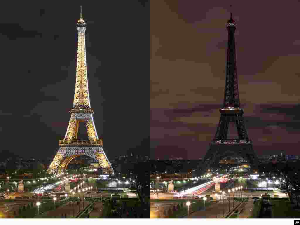 Foto kombinasi ini memperlihatkan Menara Eiffel yang bermandikan cahaya (kiri) dan saat lampu-lampunya dimatikan (kanan) dalam perayaan Earth Hour di Paris, Perancis.