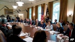 El presidente Donald Trump habal durante una reunión de su gabinete en la Casa Blanca, el jueves 16 de agosto del 2018 en Washington D.C. 