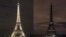 In this two photo combination picture, the Eiffel Tower with its usual lighting at left, and after the lighting was switched off at right, at the occasion of the Earth Hour, in Paris, France, Saturday March 28, 2015. 