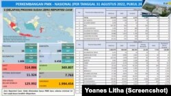 Direktur Jenderal Peternakan dan Kesehatan Hewan, Kementerian Pertanian, Nasrullah memaparkan perkembangan PMK Nasional per 31 Agustus 2022 dalam Webinar Strategi Holistik Mengatasi Kekurangan Populasi Sapi Akibat PMK, Kamis (1 September 2022) (Foto: Yoanes Litha/Tangkapan Layar)