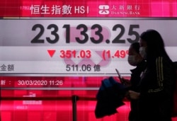 People wearing face masks walk past a bank's electronic board showing the Hong Kong share index at Hong Kong Stock Exchange, March 30, 2020.