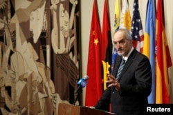 FILE - Syrian Ambassador to the United Nations Bashar al-Jaafari addresses the media in New York.