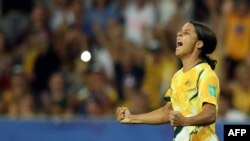 FILE - Australia's forward Sam Kerr celebrates during the France 2019 Women's World Cup between Norway and Australia at the Stade de Nice stadium in Nice, France, June 22, 2019. 