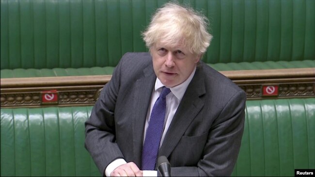 British Prime Minister Boris Johnson takes questions in parliament in London, Britain, Jan. 20, 2021 in this still image taken from a video.