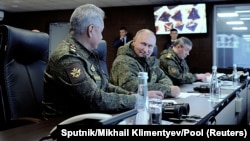 Russian President Vladimir Putin (C), Defense Minister Sergei Shoigu (L) and Chief of the General Staff of Russian Armed Forces Valery Gerasimov oversee military drills on September 6, 2022. (Sputnik/Mikhail Klimentyev via Reuters)