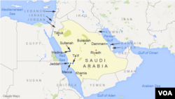 Saudi Arabia, featuring the cities of Riyadh, Jeddah, Mecca, Medina, Sultanah, Dammam, Ta'if, Tabuk, Buraidah, and Khamis