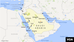 Ramani ya Saudi Arabia ikionesha miji ya Riyadh, Jeddah na mingineyo