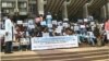 Teachers strike in front of the Ministry of Finance in Yaounde, Cameroon, March 28, 2017. (M.E. Kindzeka/VOA)