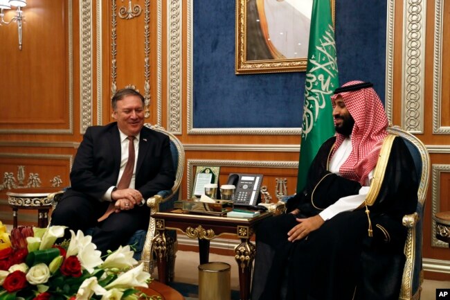 FILE - U.S. Secretary of State Mike Pompeo meets with the Saudi Crown Prince Mohammed bin Salman in Riyadh, Saudi Arabia, Oct. 16, 2018.