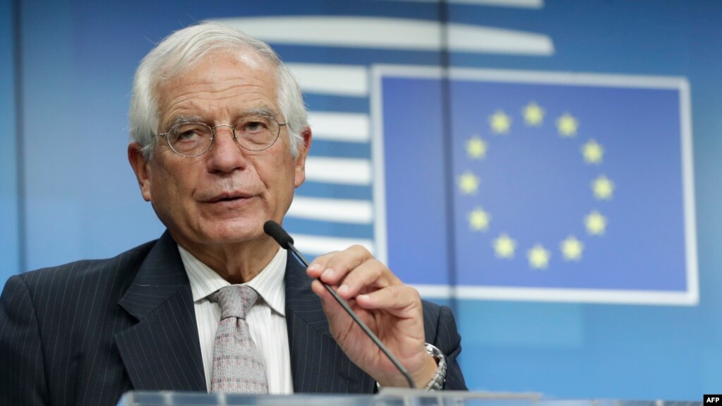 European Union High Representative for Foreign Affairs and Security Policy Josep Borrell gives a press conference at the end of a Foreign ministers affairs council in Brussels, on September 21, 2020.