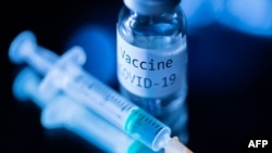 Sebuah ampul dan suntikan bertuliskan "Vaksin Covid-19", 17 November 2020. (Foto: AFP)