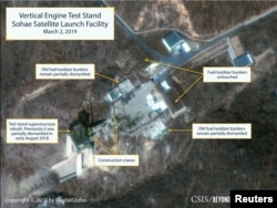 The Sohae Satellite Launching Station features what researchers of Beyond Parallel, a CSIS project, describe as the vertical engine stand partially rebuilt with two construction cranes, several vehicles and supplies laying on the ground in a commercial sa