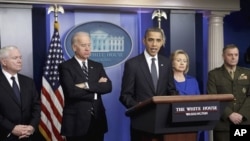 President Barack Obama delivers a statement in the White House Dec. 16, 2010, on the the Afghanistan-Pakistan Annual Review. From left are, Defense Secretary Robert Gates, Vice President Joe Biden, the president, Secretary of State Hillary Rodham Clinton,