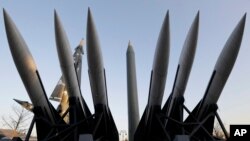 FILE - North Korea's mock Scud-B missile, center, and other South Korean missiles are on display at Korea's War Memorial Museum in Seoul, South Korea, Dec. 26, 2014. 