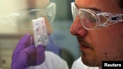 A researcher of the Atomic Energy Commission checks an Ebola diagnostic test in Marcoule, France, Nov. 3, 2014.