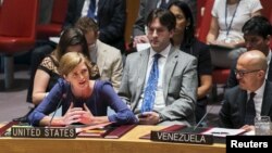 Dubes Amerika Serikat untuk PBB, Samantha Power, saat menyampaikan resolusi untuk melakukan investigasi penggunaan senjata kimia di Suriah dalam rapat Dewan Keamanan PBB di New York, 7 Agustus 2015 (Foto: dok).