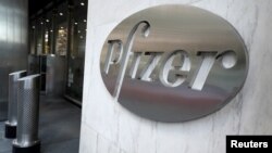 FILE PHOTO: The Pfizer logo is pictured on their headquarters building