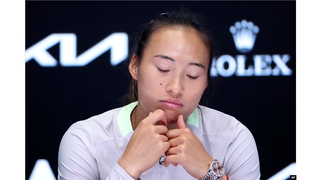 Zheng Qinwen of China reacts during a press conference following her loss to Aryna Sabalenka of Belarus in the women's singles final at the Australian Open tennis championships in Melbourne on Jan. 27, 2024.
