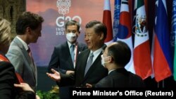 시진핑 중국 국가주석과 쥐스탱 트뤼도 캐나다 총리가 16일 인도네시아 발리에서 열린 주요 20개국, G20 정상회의에서 대화하고 있다.