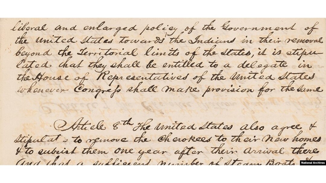 Detail, 1835 Treaty of New Echota, Art. 7, promising the Cherokee Nation a seat in the U.S. House of Representatives.