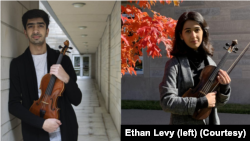 Mehran Fanous of Afghanistan left, and Parastoo Heidarinejad of Iran at the Jacobs School of Music in Bloomington, Indiana. (Photo by Ethan Levy/Indiana Daily Student)