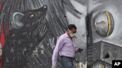 Un peatón que usa una máscara facial protectora como precaución contra la propagación del nuevo coronavirus, pasa junto a un mural con una rata gigante, en Quito, Ecuador, el miércoles 3 de junio de 2020.