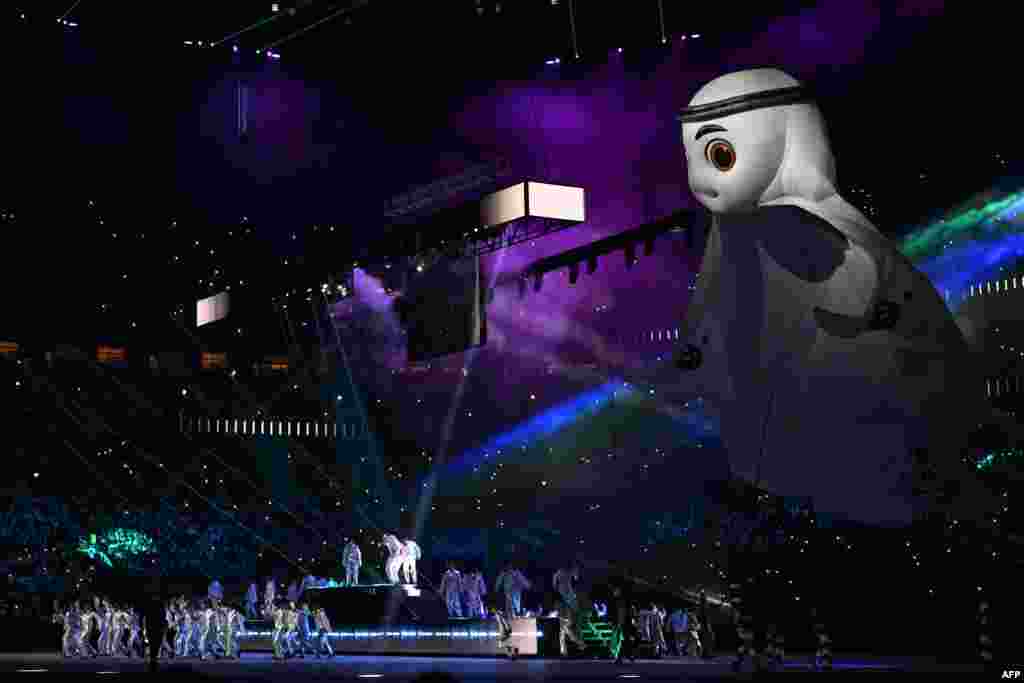 The Qatar 2022 mascot La&#39;eeb performs during the opening ceremony ahead of the Qatar 2022 World Cup. &nbsp;