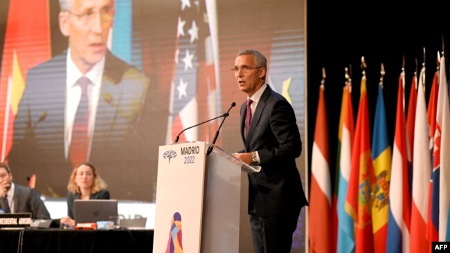 NATO Secretary General Jens Stoltenberg speaks during NATO Parliamentary Assembly annual session held in Madrid on Nov. 21, 2022.