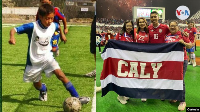 Carlos Martínez jugando futbol de pequeño (a la izquierda) y a la derecha junto a su familia tras concluir un partido en el estadio de San José, Costa Rica. Foto Cortesía.