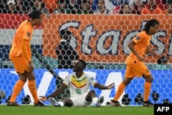 L'attaquant sénégalais # 18 Ismaila Sarr à côté du défenseur néerlandais # 04 Virgil van Dijk et du défenseur néerlandais # 05 Nathan Ake lors du match de football du groupe A de la Coupe du monde Qatar 2022 entre le Sénégal et les Pays-Bas, le 21 novembre 2022.