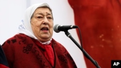 FILE - Mothers of Plaza de Mayo human rights group leader Hebe de Bonafini speaks in Buenos Aires, Argentina, Aug. 11, 2016.